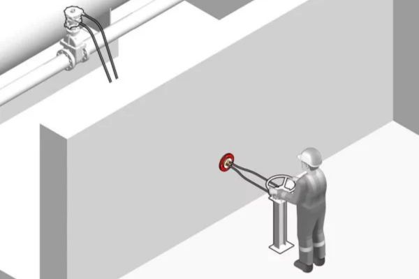 Illustrazione tecnica di un operatore che aziona una valvola a distanza tramite un cavo che attraversa una parete.