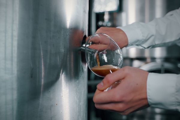 Perché il controllo torbidità della birra è essenziale in ogni birrificio? 2 Campione di birra prelevato da un fermentatore in acciaio per la verifica della limpidezza